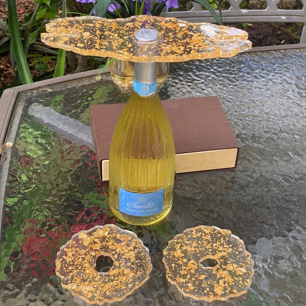 Gold Flake Wine Caddy & Coaster Set Resin Art - Picture 7 of 16
